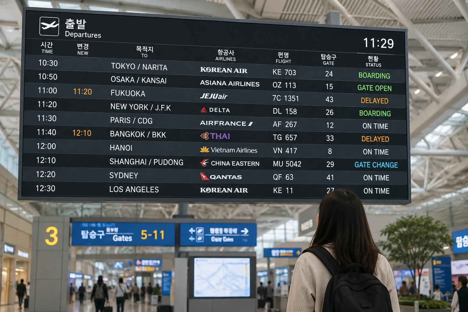 공항 전광판 보는 법을 확인하는 출국장 여행객
