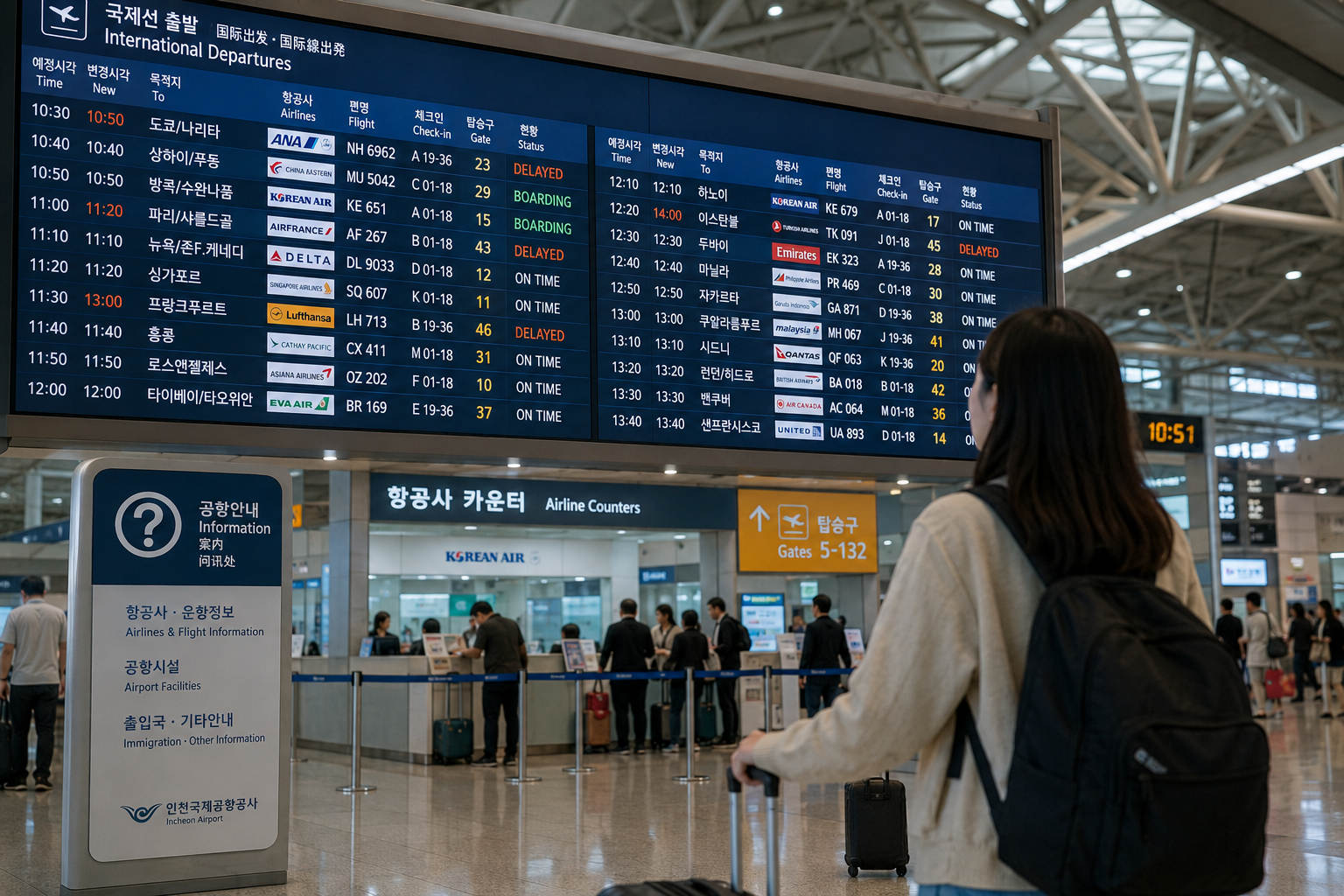 인천공항 항공편 지연 결항을 확인하는 출국장 여행객