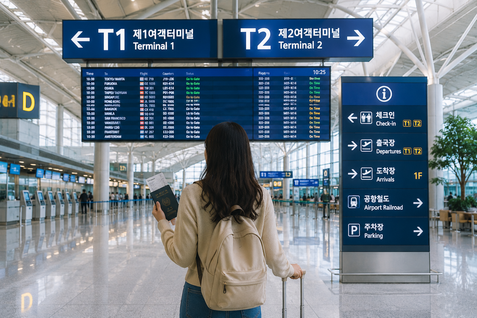인천공항 터미널 확인을 위해 T1 T2 안내판을 보는 여행객